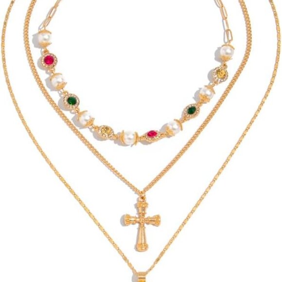 Women’s Dainty Pearl Crystal Multilayered Heart Cross Gold Necklace Fashion Jewe - Picture 1 of 7
